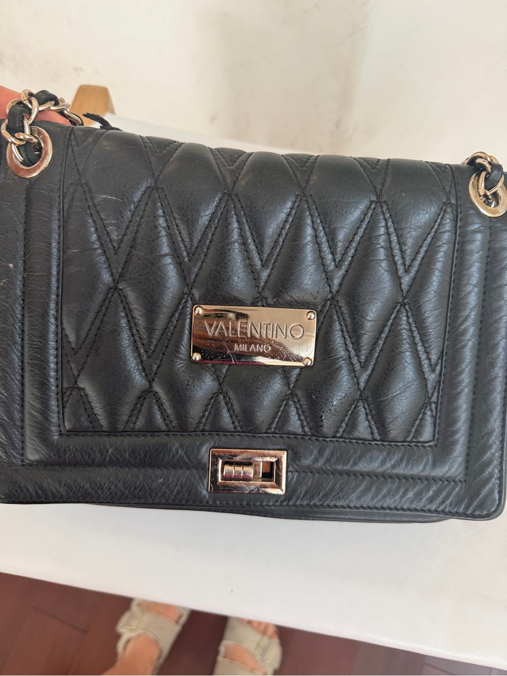 Valentino by Mario Black Quilted Leather Shoulder Bag with Gold Hardware